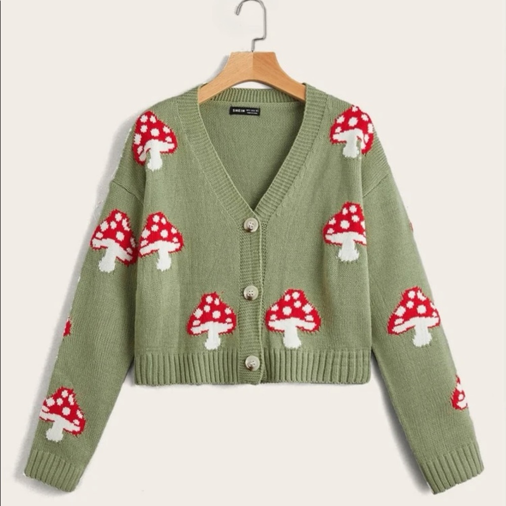 Bundle 2 = 5% off🧚🏾 Cute Sage Mushroom Cardigan Sweater